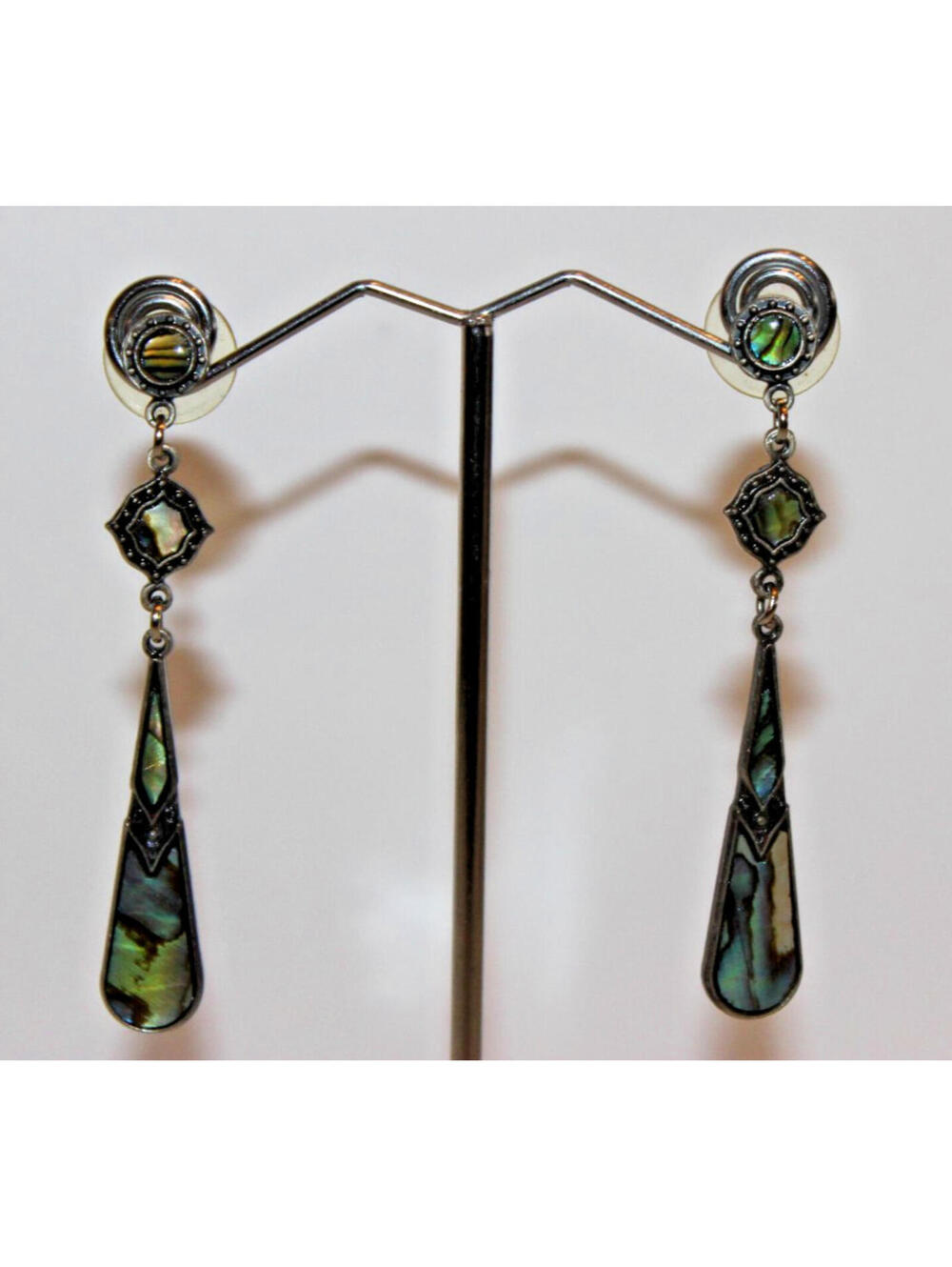 Vintage Sterling Silver Abalone Shell Dangle Earrings 2.5" Artisan 8.13g